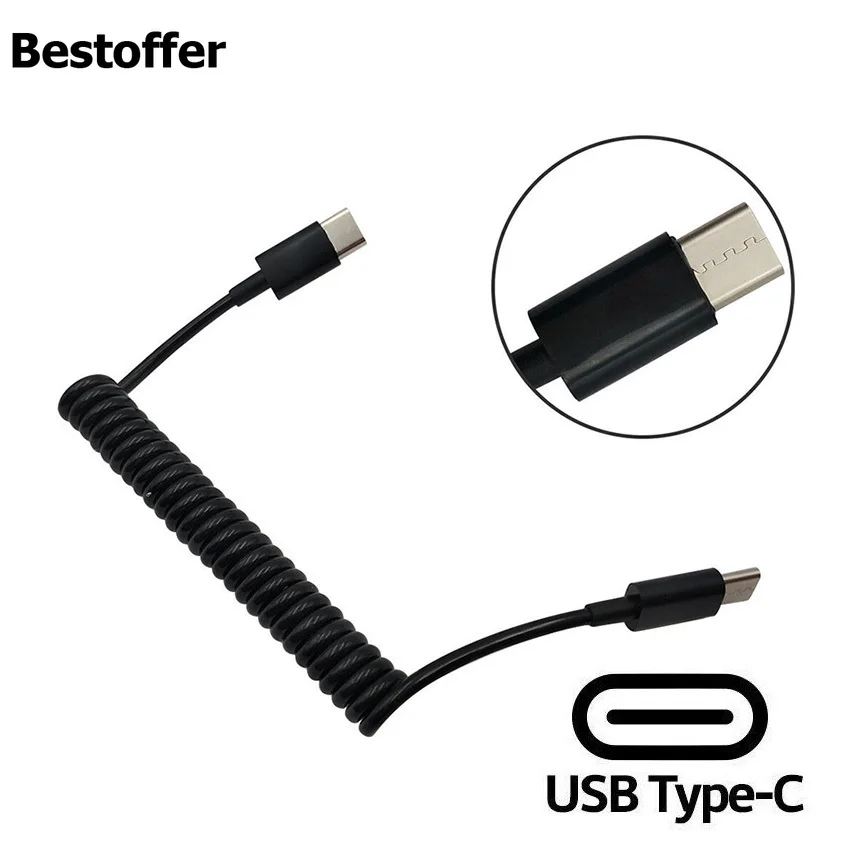

1 Meter USB Type C Cable Coiled Spring Spiral Type-C Male To USB 2.0 A Male Cord