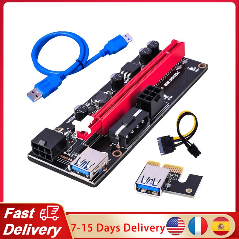 

New VER009S PCI-E Riser Card Dual 6Pin 4Pin Adapter Card PCIe 1X to 16X Extender Card USB3.0 Data Cable for BTC Mining Miner