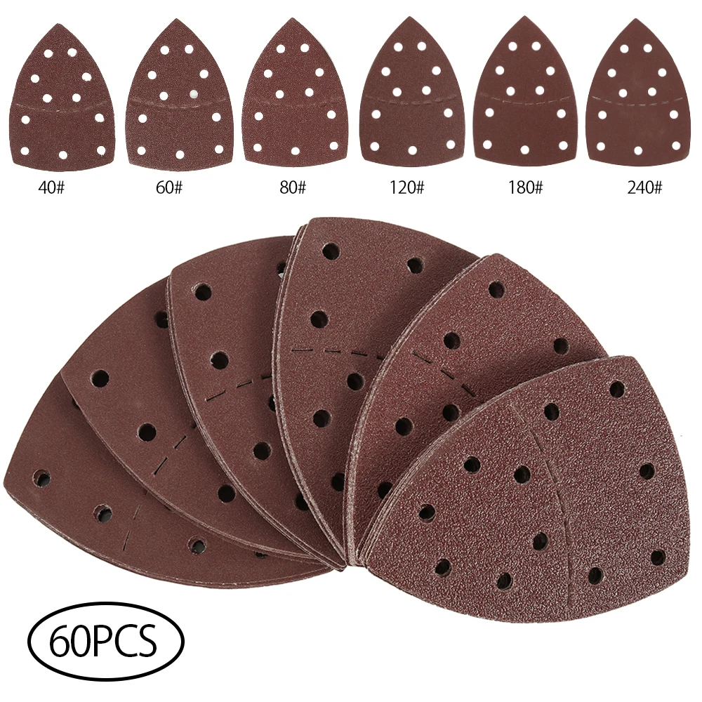 

60 PCS Triangular Sanding Disc Delta Sander Hook & Loop Sandpaper Abrasive Tools for Sanding Grit 40-240