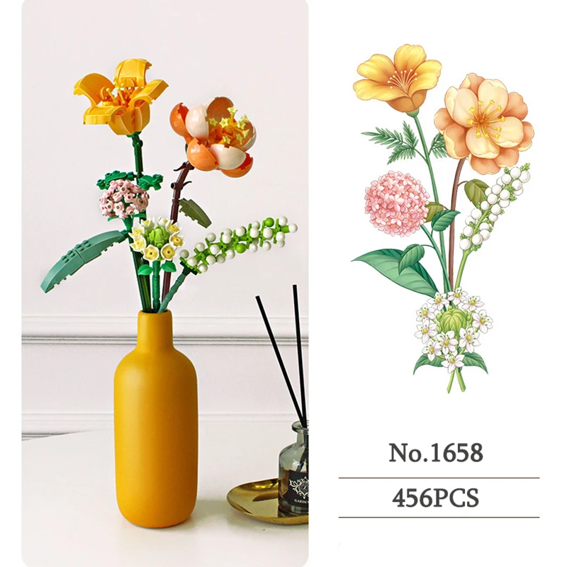 Ramo de bloques de construcci&oacute;n en 3D para ni&ntilde;os, modelo de juguete para decoraci&oacute;n del hogar, planta en maceta, crisantemo, rosa, ensamblaje de flores, juguete para ni&ntilde;a-2