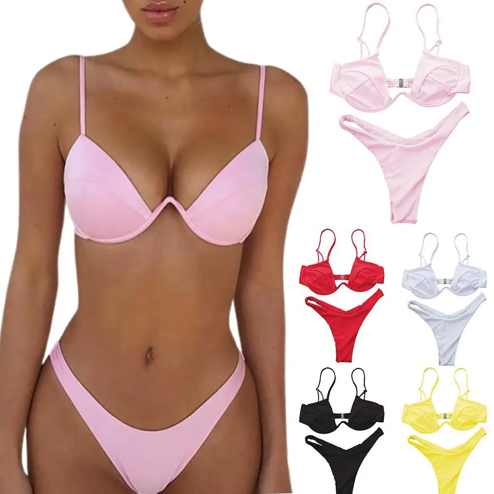 

2Pcs Sexy Swimsuit Women Solid Color Padded Bras Low Rise Briefs Two Piece Set Bikini Swimwear Women Bikinis biquinis feminino