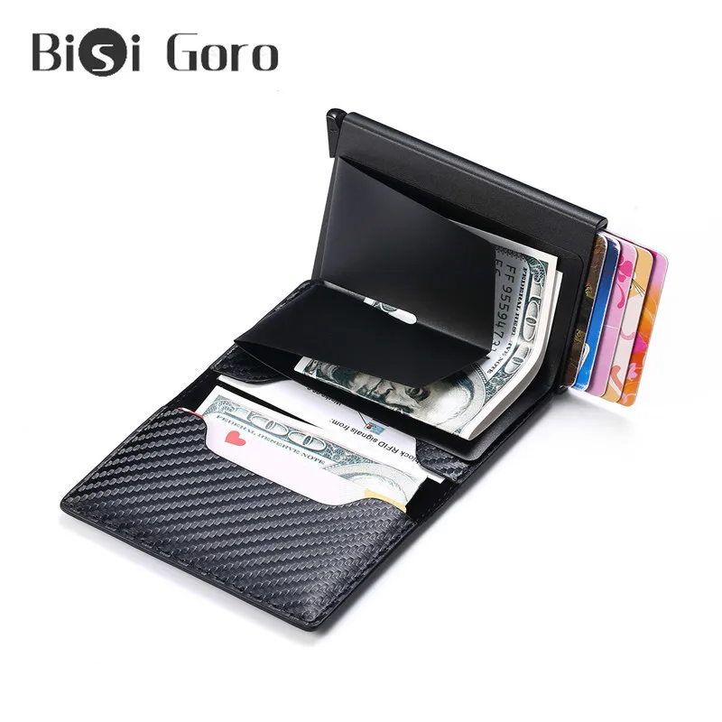 

BISI GORO Rfid Blocking Men Wallet Vintage PU Leather Anti-theft Money Bag Credit Slim Card Holder Aluminum Purse Mini Wallet