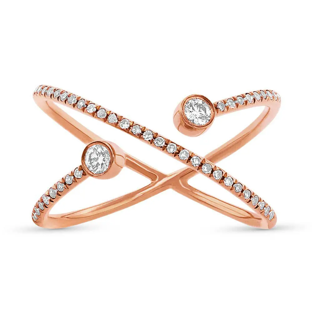 

Womens 0.24 CT 10K Rose Gold Natural Round Cut Diamond Open X Crossover Ring