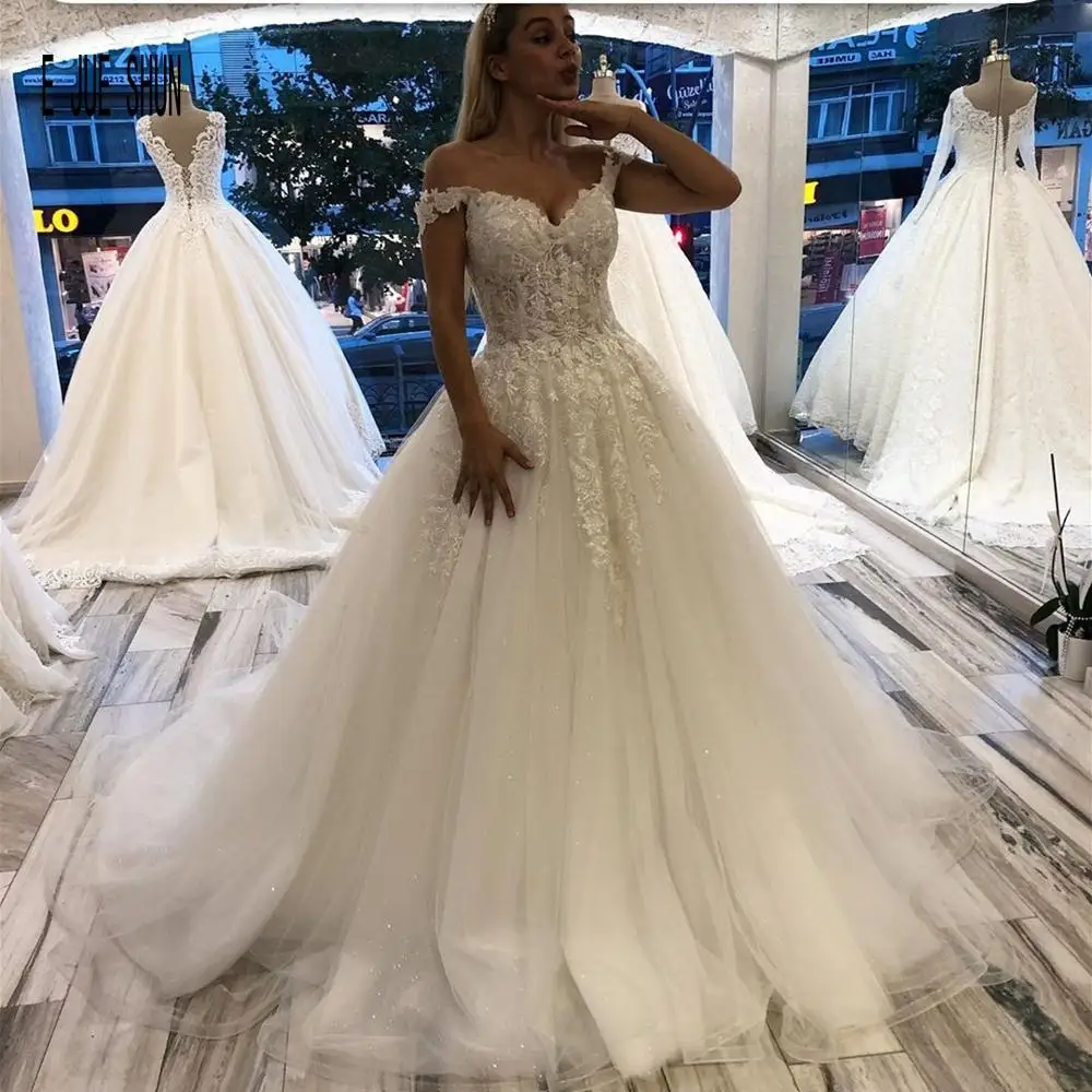 E JUE SHUNG Charming Wedding Dress Ball Gown Off Shoulder Bride Lace Up Back Appliques Tulle Sequin Dubai Vestios De Novia | Свадьбы и