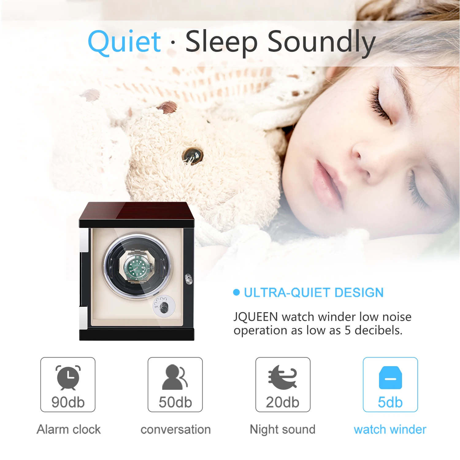 Ebony Baking Finish Watch Winder with Quiet Motors 1+0 Storage PU Leather Vertical knob + LED Light + Cover Opening Self Stop