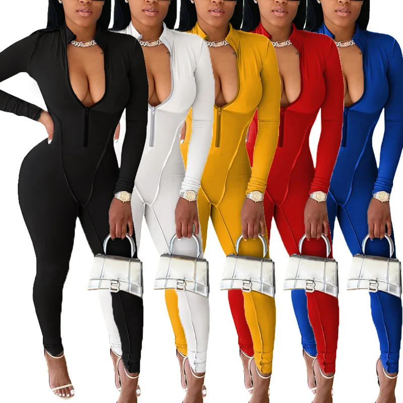

Solid Color Patchwork Zipper Design Skinny One Piece Sexy Women Jumpsuit Romper