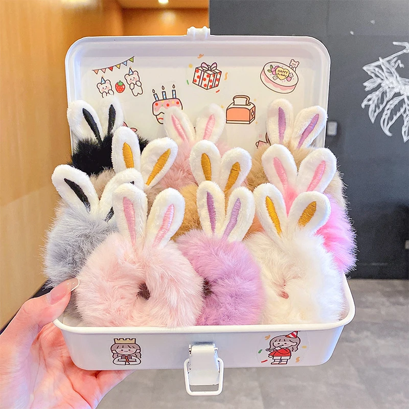 

Korean Plush Rabbit Ear Hair Scrunshies Autumn Winter Candy Color Cute Horsetail Ball Hair Rope High Elastic Rubber Band Girl