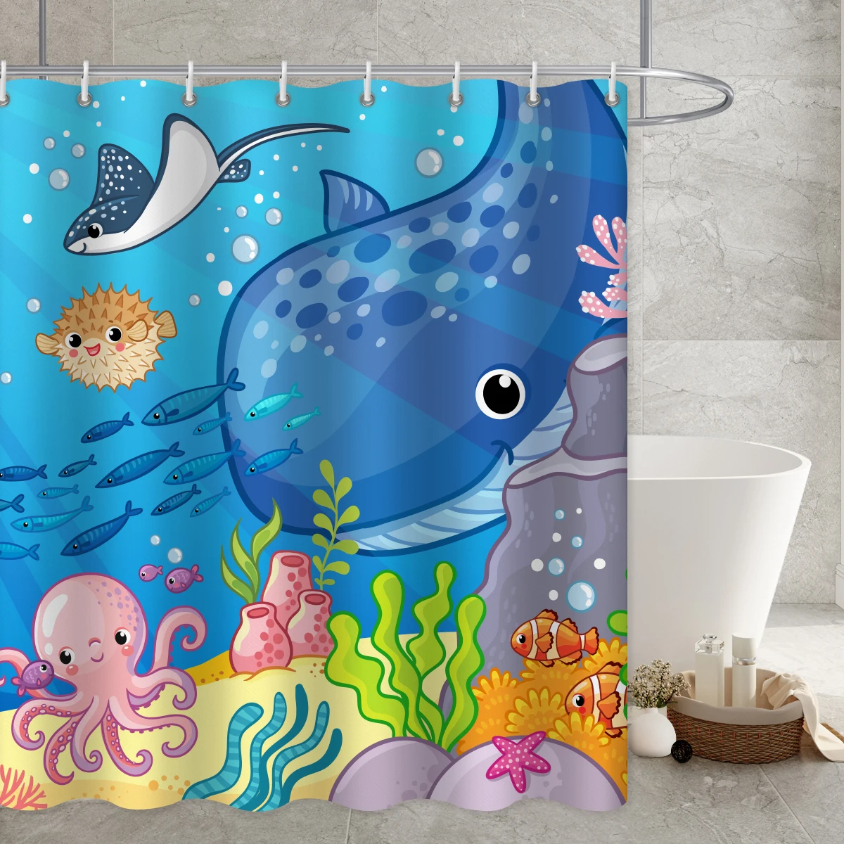 Sea World Printed Long Bathroom Curtain Waterproof Duschvorhang Infauna Style Bed Bath Bathtub Decor Shower Curtains with Hooks