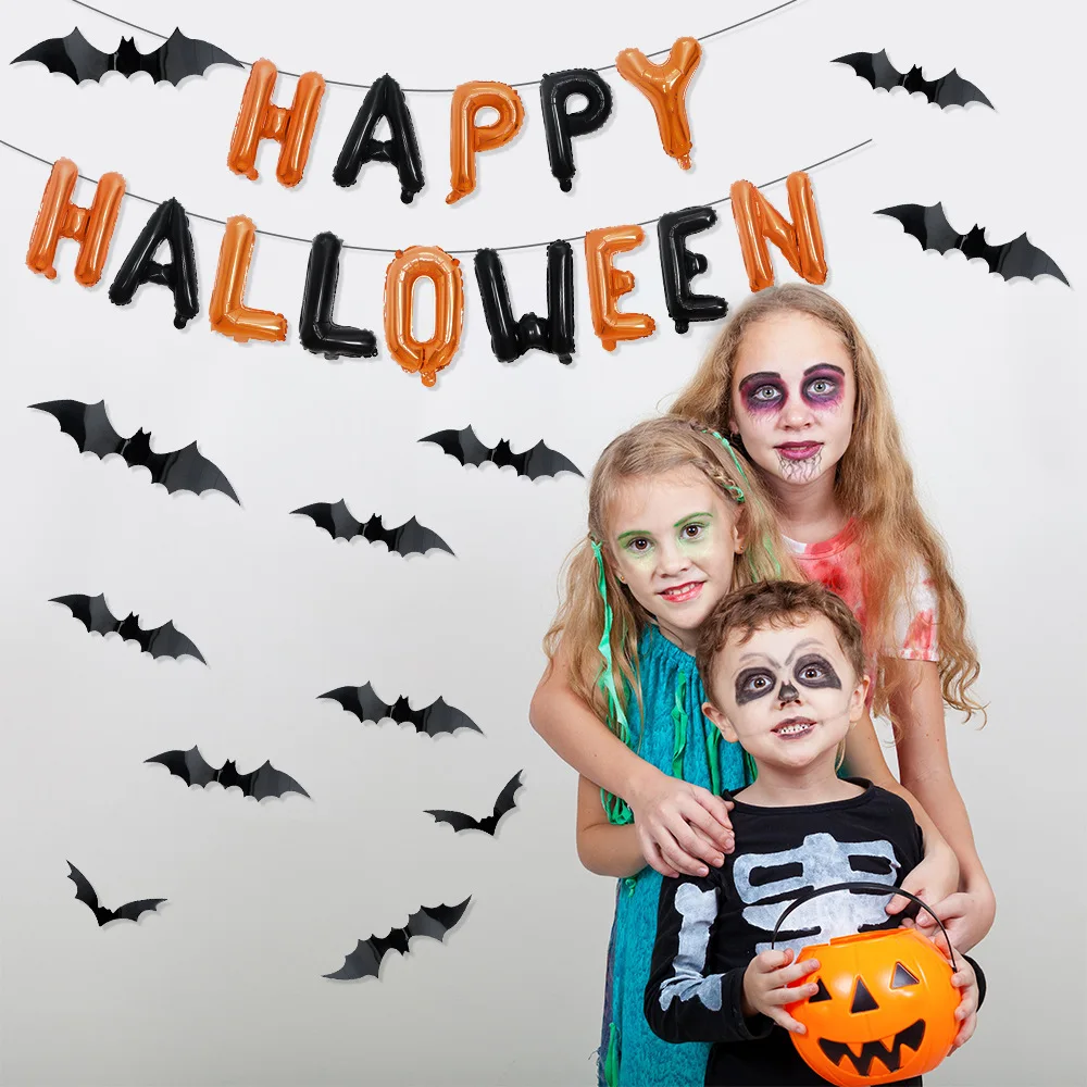 

Halloween Ghost Festival Decoration Happy Halloween Letter Balloon PVC Bat Sticker Set Haunted House Decoration