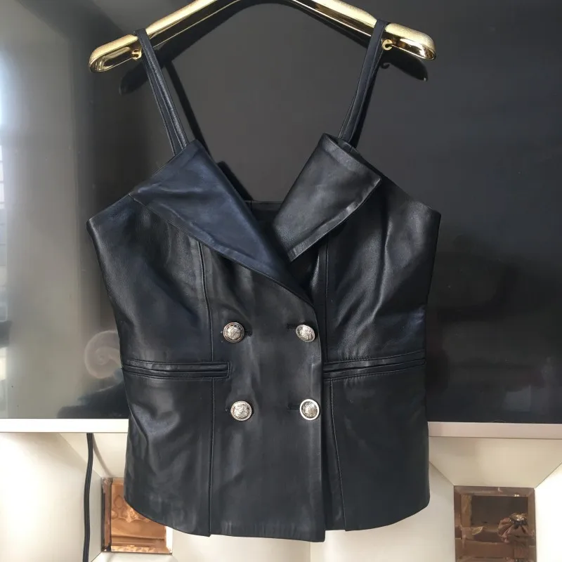 

Vest Genuine Leather Black Female Sleeveless Short Sexy Leather Waistcoat Clothing Korean Style Streetwear Sheepskin Vests Soft