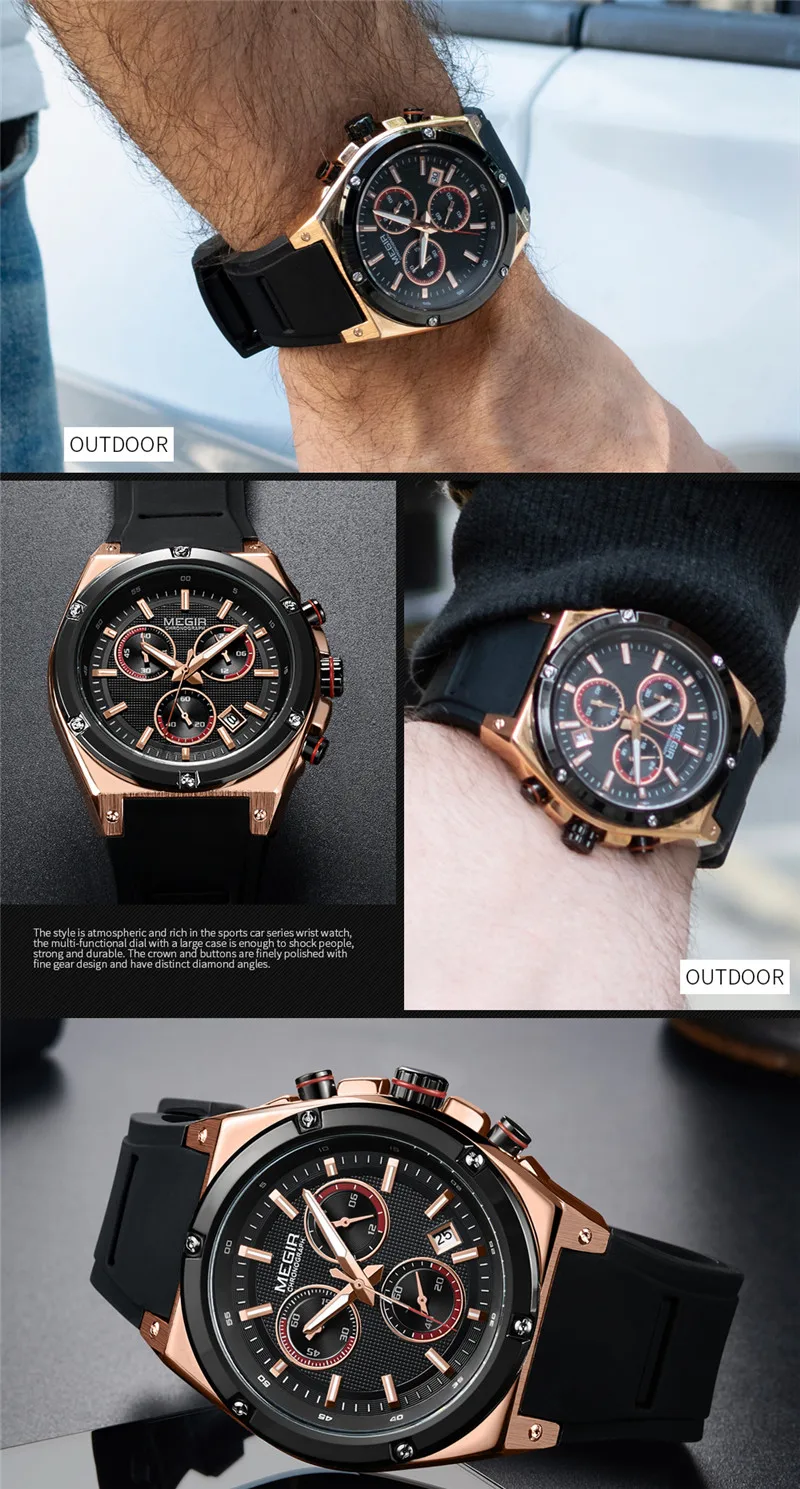 Часы MEGIR Мужские Наручные с календарем роскошные Брендовые спортивные армейские