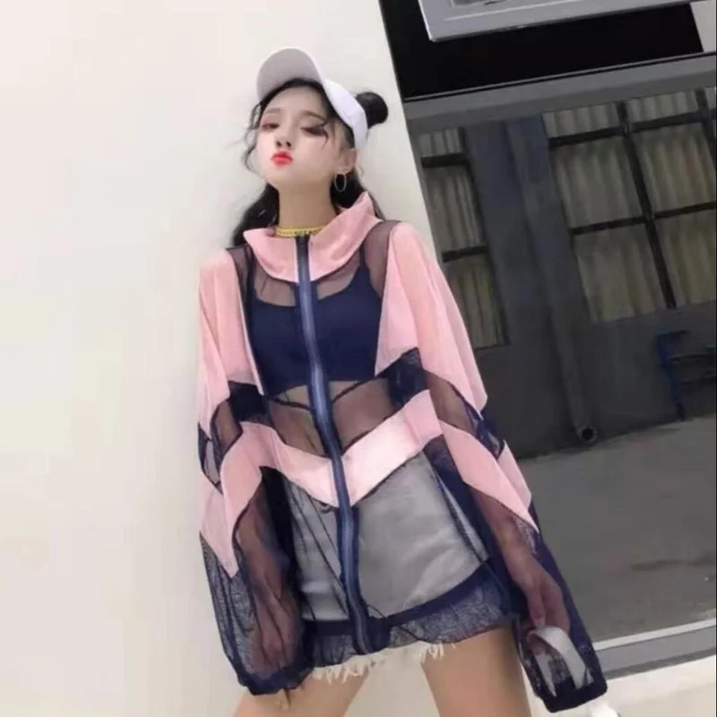 

Transparent See Through Mesh Sheer Jackets Women 2021 Summer Thin Sunscreen Coat Long Sleeve Loose Zipper Bomber Jacket Y207