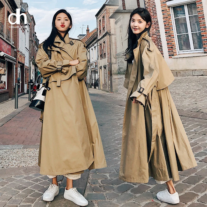 

Женский плащ оверсайз DH, длинная свободная Ветровка цвета хаки, верхняя одежда для весны и осени