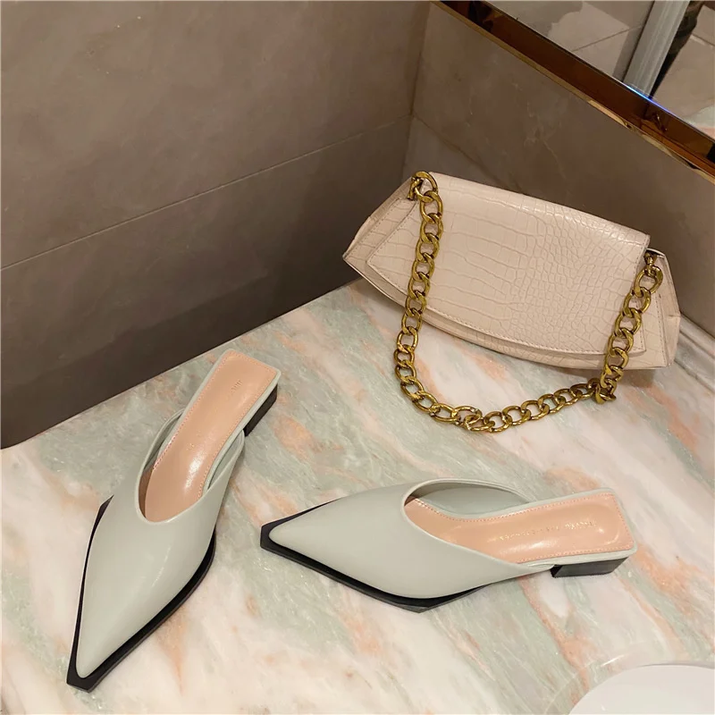 

2021 summer new Korean fashion pointed half drag versatile lazy thick heel set foot ol women's wear professional women's shoes