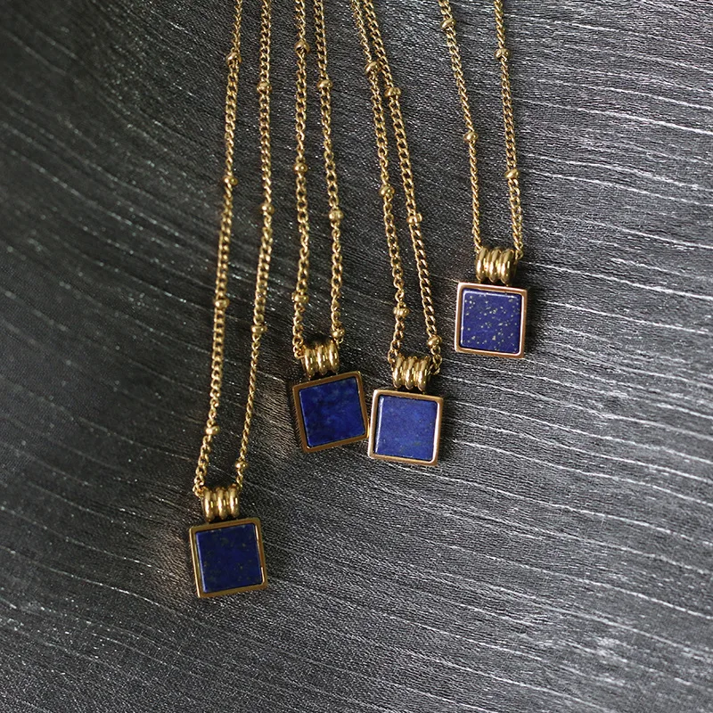

Amaiyllis Lapis Lazuli Small Square Stone Clavicle Chain Blue Necklace Pendant Long Chain Collar Necklace For Women Jewelry Gift