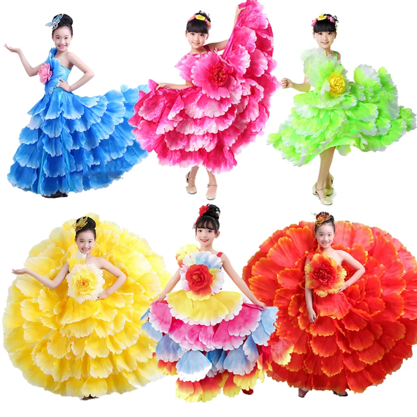 Floral Decoration Plus Size Elegant Wedding Kids Girls Tutu Dress Gypsy Spanish Flamenco Shoulder Off Dress Latin Dance Costumes