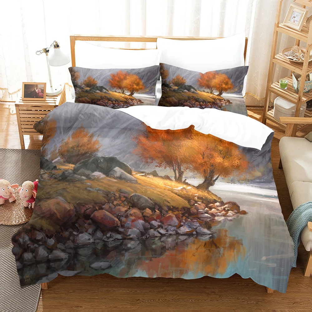 

Fall Gold Forest Bedding Set Creative Comforter Bedclothes Bed Cover Set Housse De Couette Queen King Size Scenery Duvet Cover