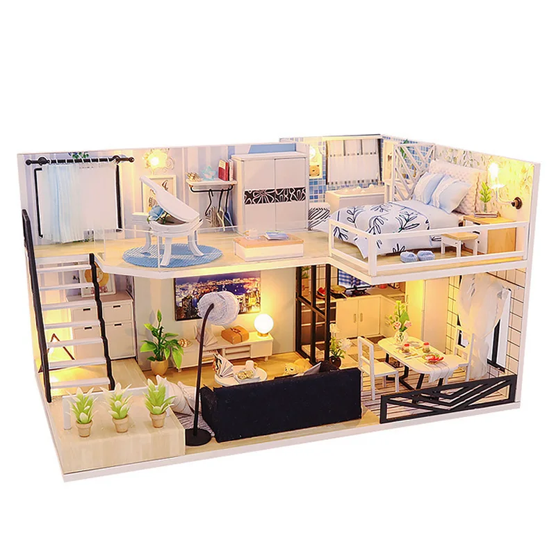 

DIY Dollhouse Modern Loft With Piano Kit Assembled Miniature with Furniture Casa Doll House Toys for Children Adult Gifts