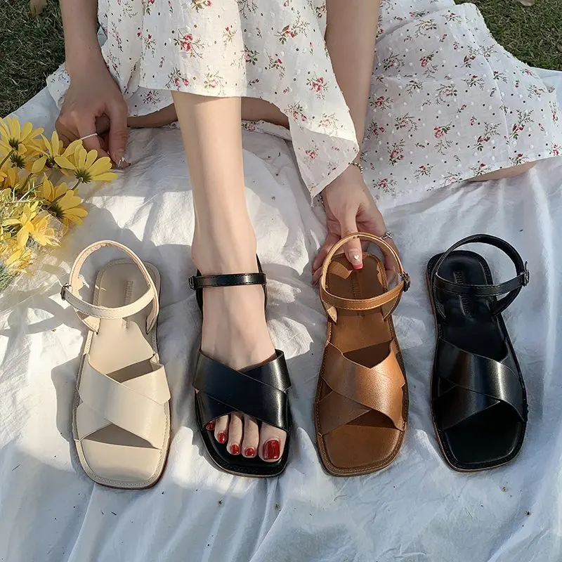 

2021 Summer Clear Heels Beach Sandal Woman Luxury All-Match Female Shoe Fashion Comfort Flat New Girls Beige Outside Solid PU Bu