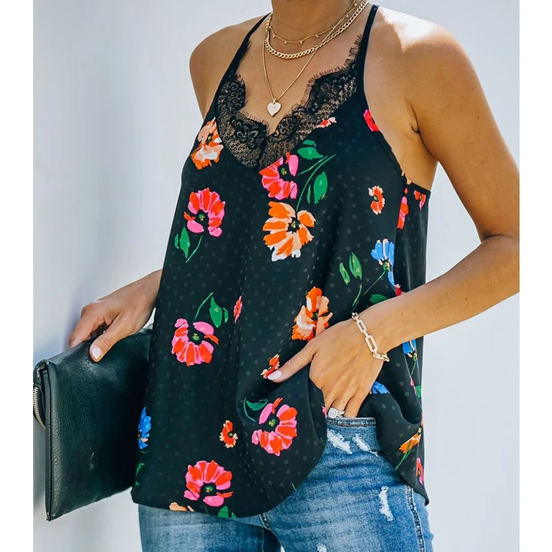 

Mandylandy Tank Tops V-neck Summer Floral Printing Full Flower Sexy Camis Women Sleeveless Loose Lace Sling Sexy Tanks Vest
