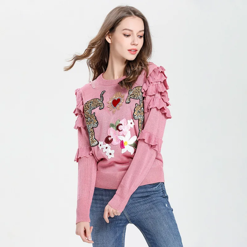 Tiger flower embroidery sweater fashion temperament lady loose show thin wood ear edge bright silk base knitting Pullover B-019 | Женская