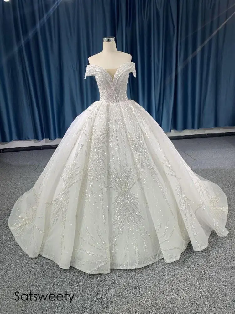 

Luxury Beaded Princess Wedding Dress Lace Appliques Off Shoulder Ball Gown Illusion Bridal Customized Vestido de Noivas