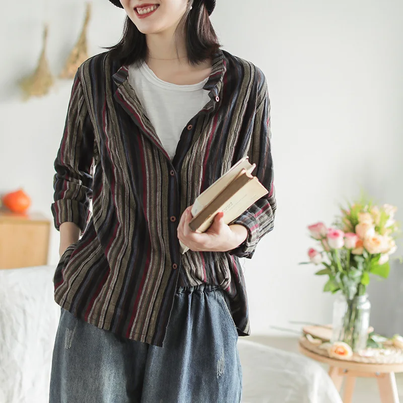 Осенняя блузка Мода ретро свободная женская рубашка 2019 Новая v-образный вырез с