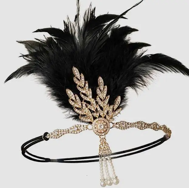 Black feather 1920s повязка на голову винтажный Свадебный костюм платье в стиле "Великий Гэтсби" аксессуары ручной работы головные уборы с жемчугом свадебное платье невесты украшения - Цвет: Black feather