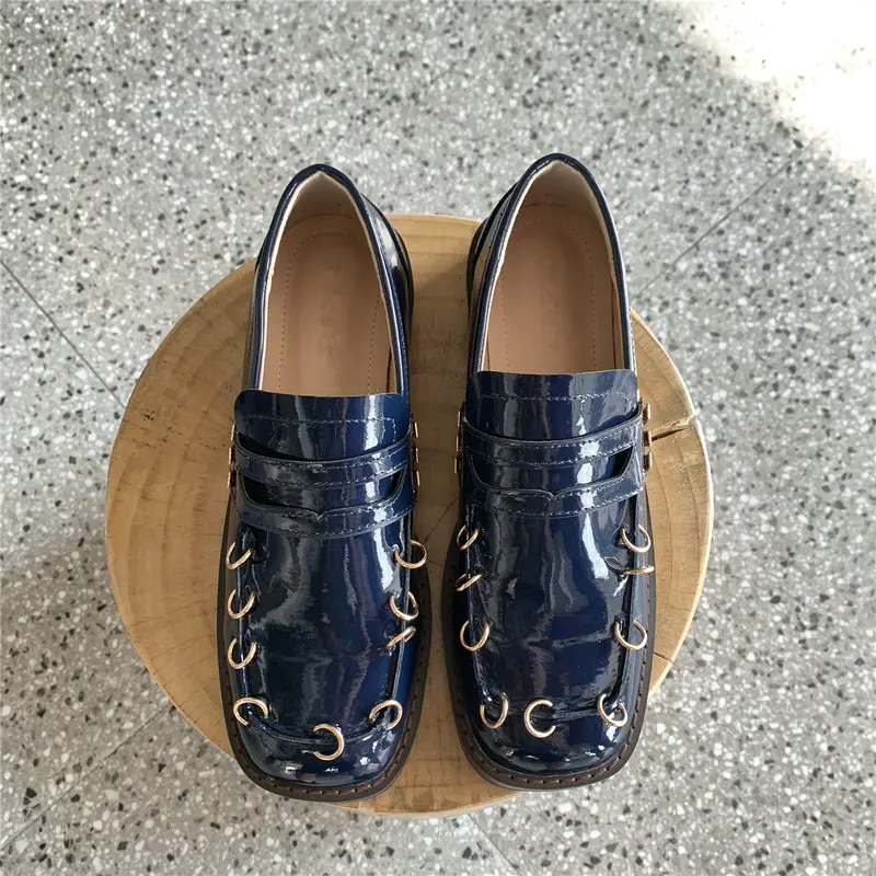 Темно синие кожаные туфли с большой головой квадратный носок кольцо