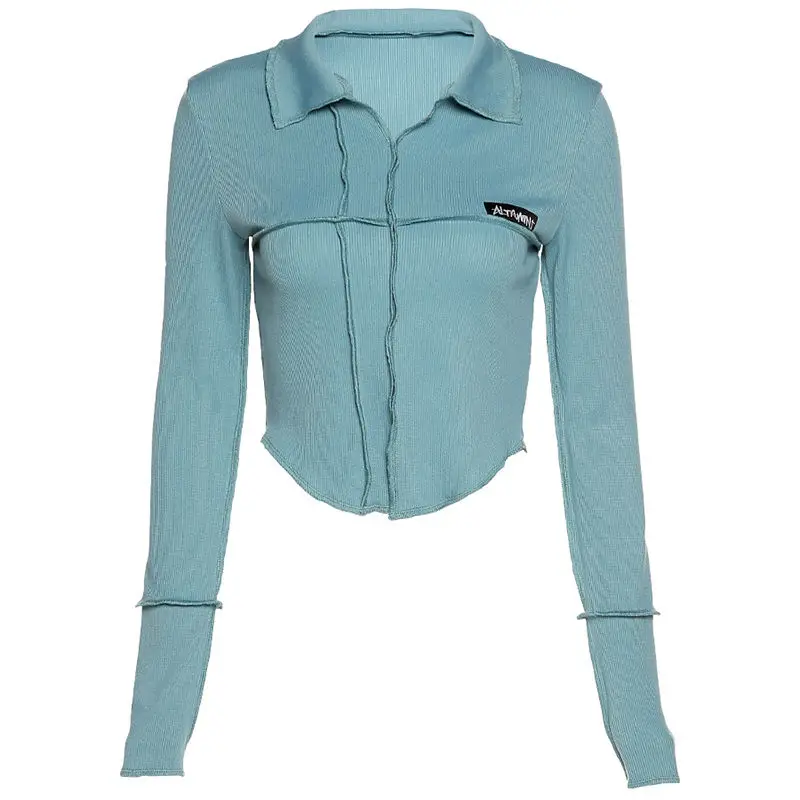 

European and American fashion half-open collar long-sleeved personalized letter label sexy all-match slim cropped crop top