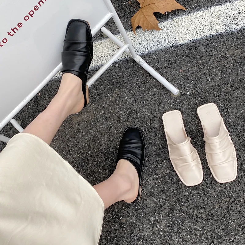 

Ladies Muller Shoes Casual Pleated Flat Shoes Pointed Leather Comfortable Sole Slip-on Sandals All-match Baotou Half Slippers