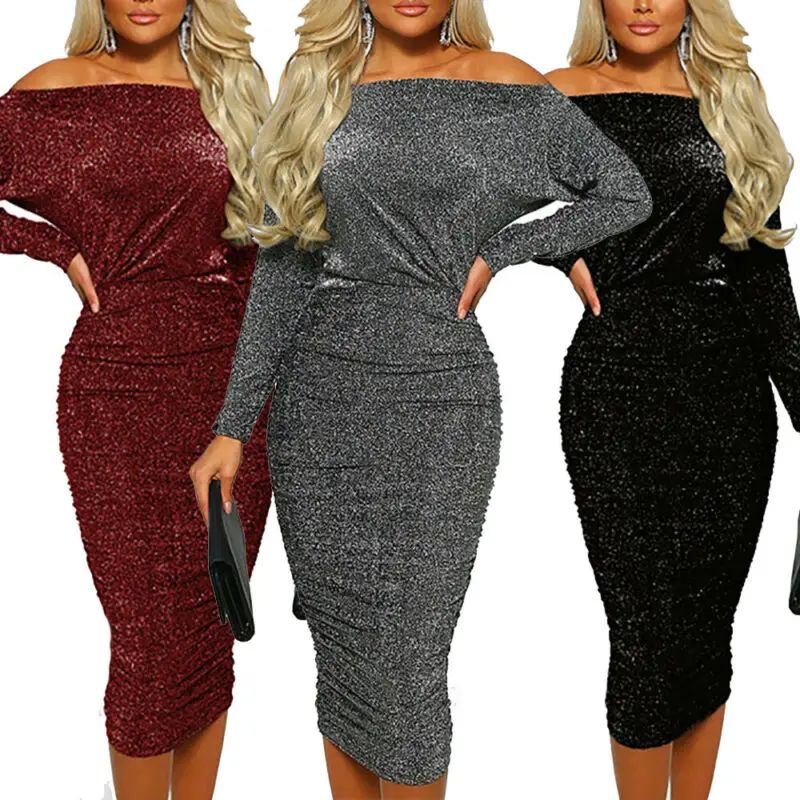 Женское блестящее облегающее платье с открытыми плечами обтягивающее до