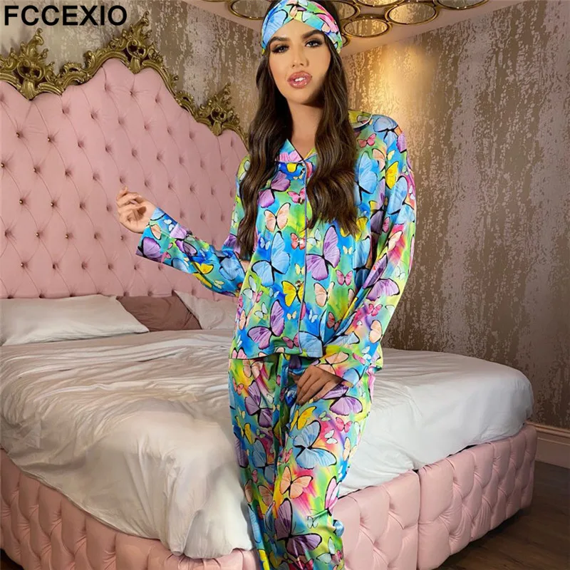 FCCEXIO 3 PCS Pajamas Set Women Butterfly Print Satin Silk Pyjamas Sexy Long Sleeve Shirt Pants How Suit Lingerie Sleepwear 2021