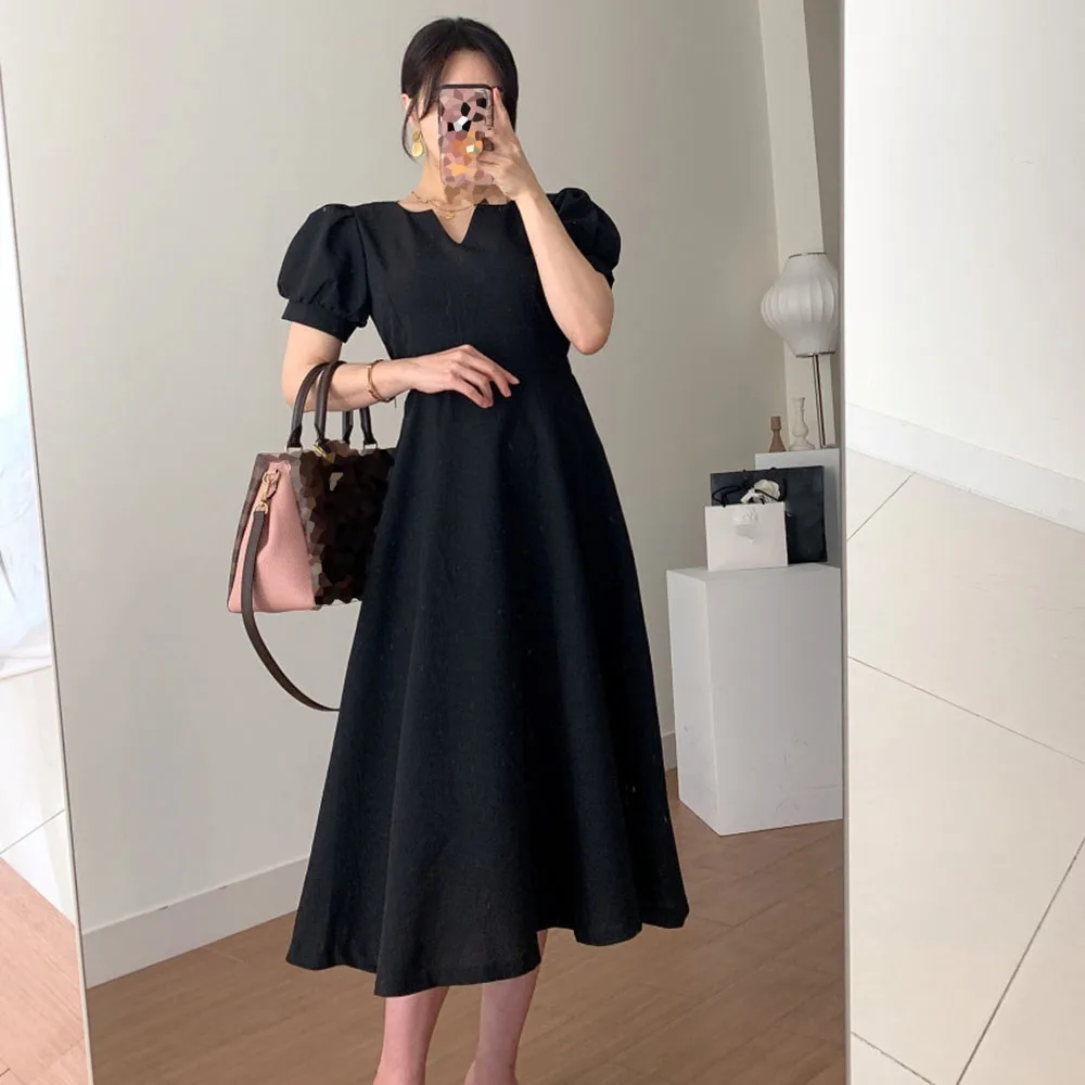 

Japan Style 2021 Women's Dress Fashion Summer New Casual High Waist Temperament Elegant Designer V-neck Puff Sleeve