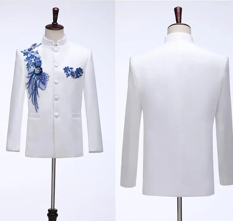 

Blazer men Standing collar embroidery suit set with pants mens wedding suits costume singer stage clothing applique formal dress