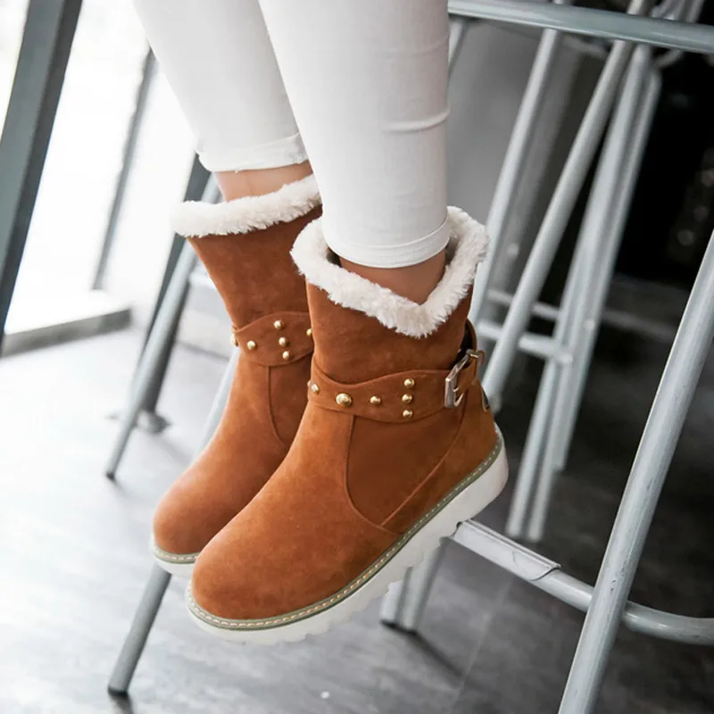 Faux Fur Snow Boots Women Fashion Ankle Plus Size Black Winter Warm Plush Female Ladies Flats Shoes | Обувь