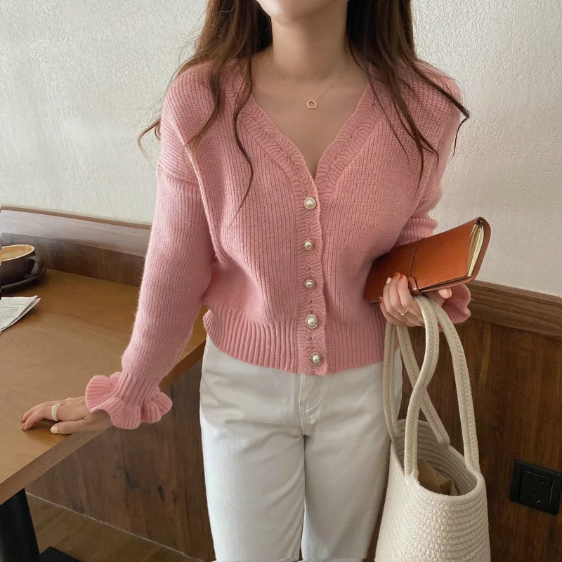 

Limiguyue осенний милый женский свитер, однобортный вязаный кардиган, розовый свитер с V-образным вырезом, пальто с рукавами-фонариками, милые то...