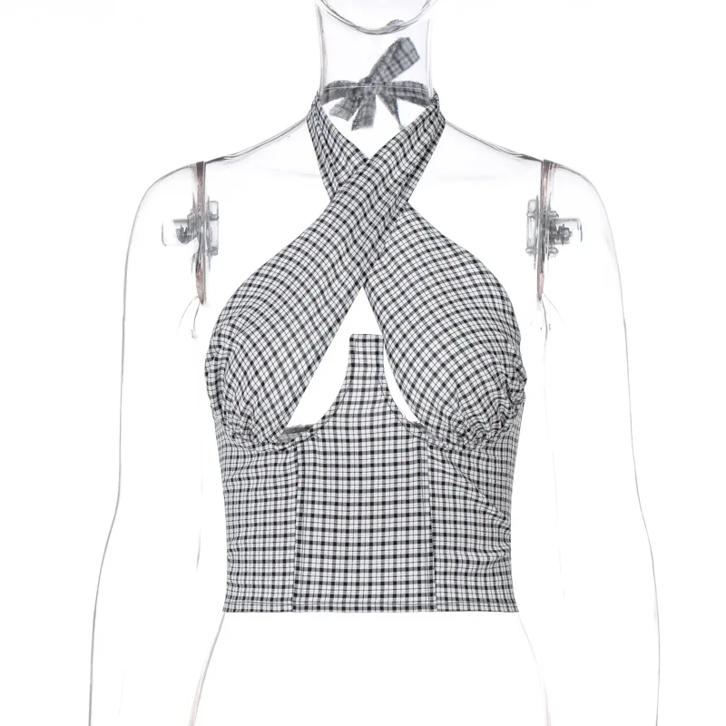 Женский Повседневный жилет с завязкой на шее модный клетчатый топ V-образным