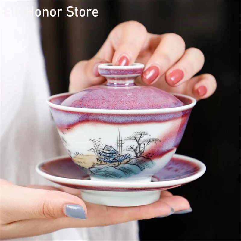 

Anti-scald Large Kiln Change Ceramic Retro Tea Cover Bowl With Lid Sancai Gaiwan Single Tea Bowl Hand Painted Shining Cover Bowl