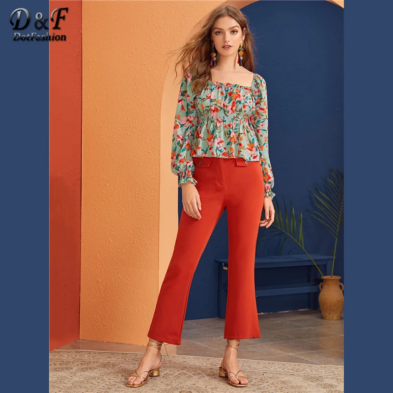 Dotfashion Бохо с квадратным вырезом Цветочный принт блузка Для женщин Осенняя эластическая Фонари рукава блузки Повседневное с низким вырезом на спине, Топ
