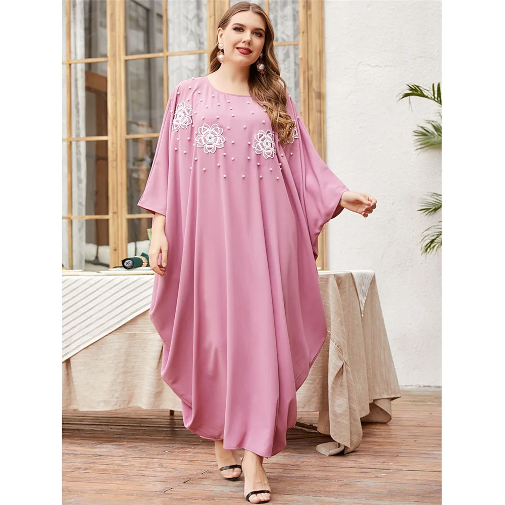 Розовый вышивка бисером кафтан арабский мусульманский Для женщин длинное платье больших размеров с рукавами «летучая мышь» Макси халат аб...