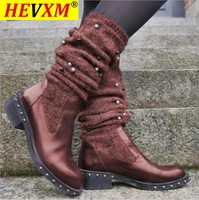 2020 autumn winter vintage women boots large size wool sock boots female flat heel knee high boots botines zapatos de mujer