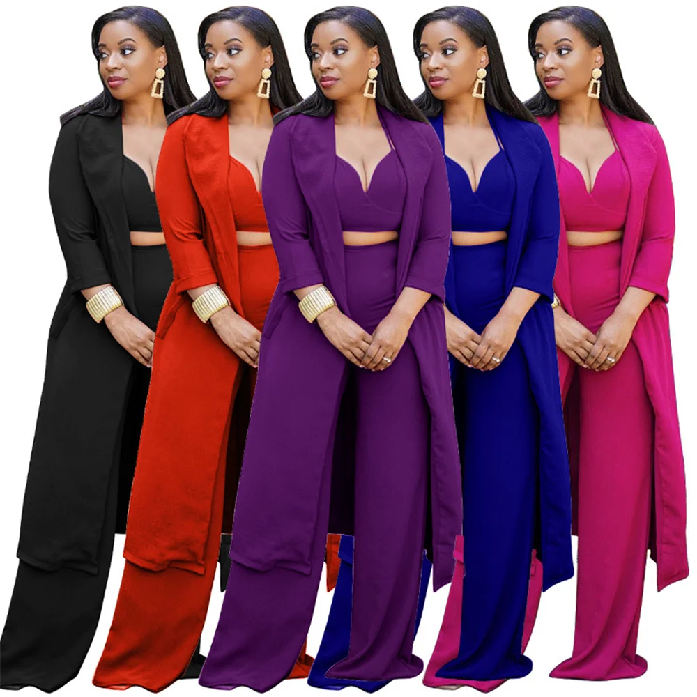 

Blazers for Women Elegant X-long Coat Sling V Neck Tops Straight Leg Pants Solid Color Sexy 3 Piece Suit Wholesale Dropshipping