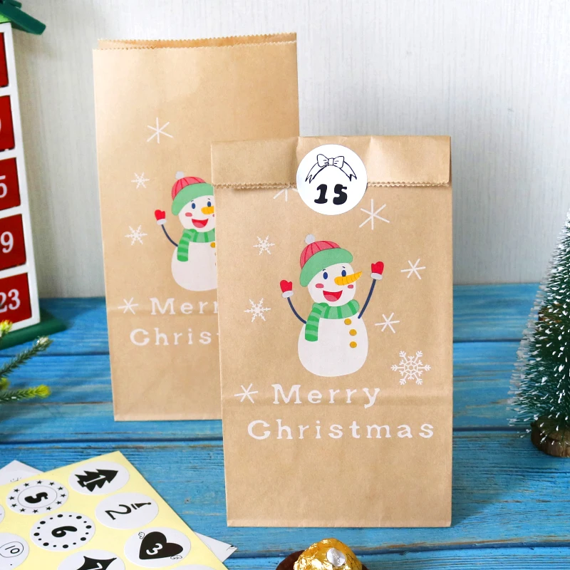 

24sets Advent Calendar Santa Claus Kraft Paper Bags Christmas Gift Bag Party Favor Packing Bags set with Xmas Tag Stickers clips