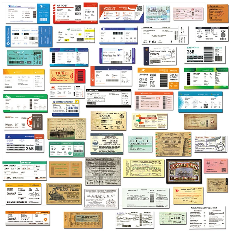 

55PCS Boarding Pass Air Tickets Graffiti Stickers DIY Travel Luggage Guitar Laptop Waterproof Classic Cool Stickers