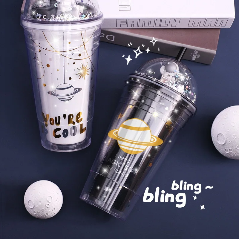 

Classic Insulated Double Wall Cup with Lid and Removable Straw 3D Space Doll Decoration and Space Pattern Cool Cups