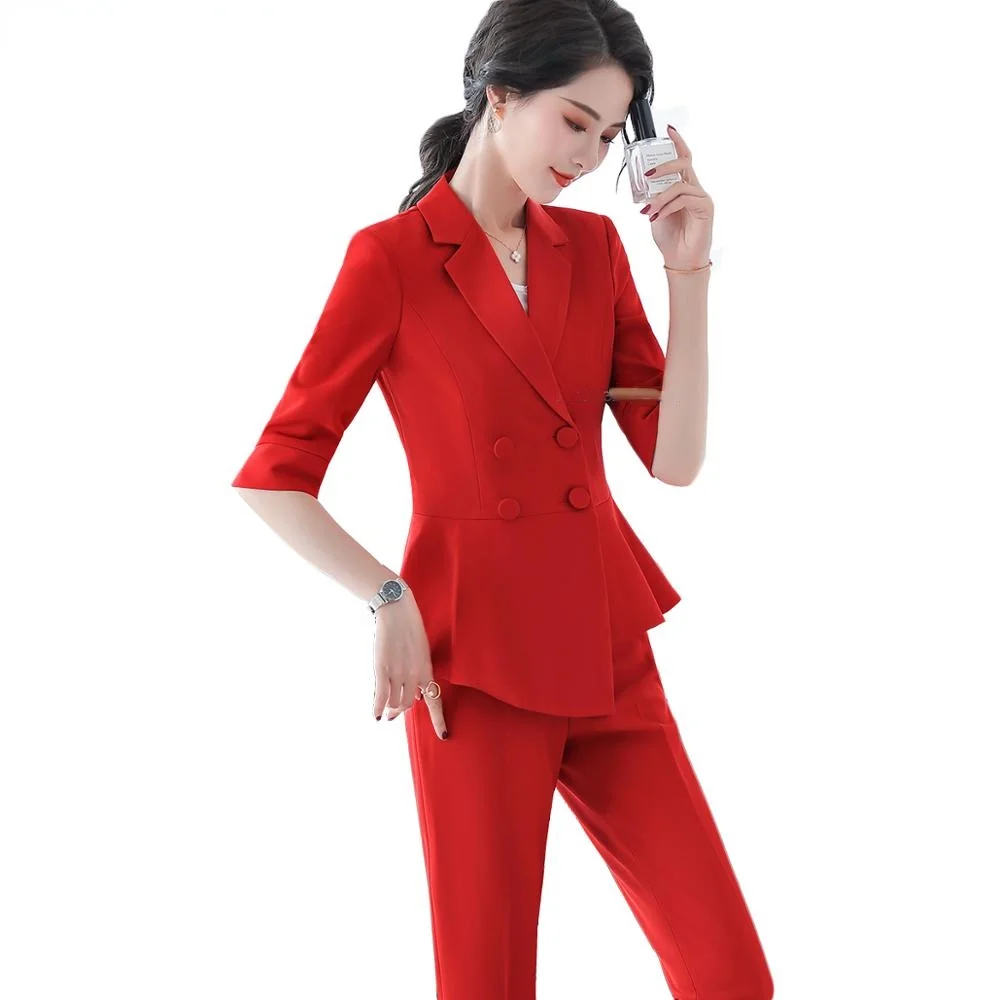 

Half Sleeve Women Office Lady Pant Suit Ruffle Work 2 Piece Set S-4XL Summer Spring Red Double Breasted Blazer and Pant Set Suit