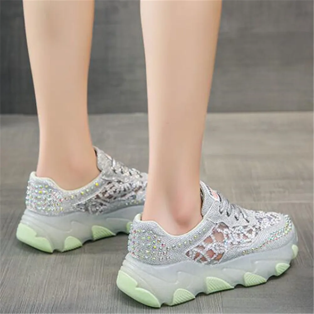 New Women Punk Gothic Style Lace Up Platform Sneakers Bling Rhinestone Campus Sweet Student Breathable Shoes Mujer Zapatos 35-40