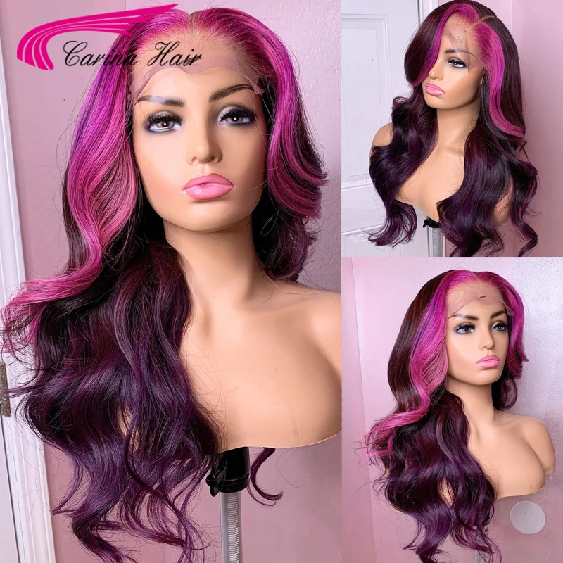 Ombre Purple Highlight Colored Lace Front Wig Body Wave Wigs Remy 180% Peruvian Human Hair Wigs For Women Colorful Purple Wigs