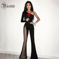 vc stylish one shoulder bandage jumpsuit fishnet crystal design celebrity party club boot cut free shipping